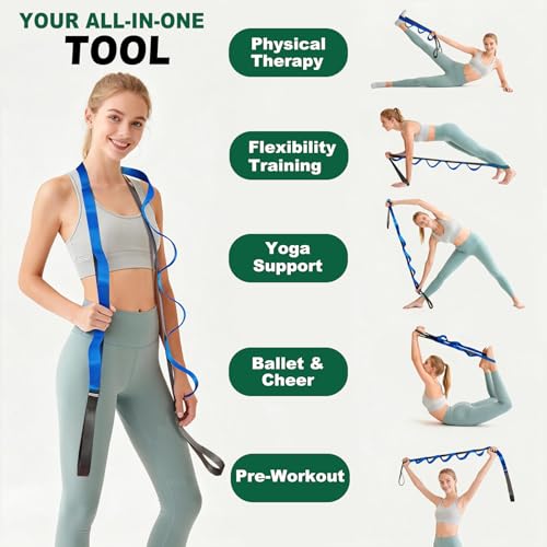 Acozycoo Stretching Strap with Loops,Non-Elastic Yoga Strap for Physical Therapy,Knee Replacement Recovery & Plantar Fasciitis,Leg Stretcher Band for Flexibility & Hamstring Rehab - color: Blue