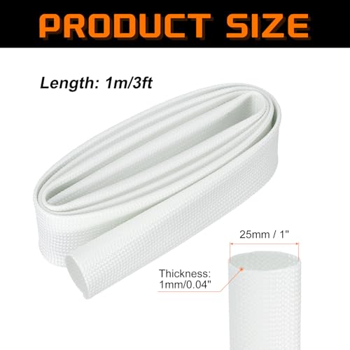 MECCANIXITY 3ft Braided Cable Sleeve, 1" ID 200C Heat Resistant 1500V Fiberglass Wire Insulation Cord Protector Organizer Wires Management for Motor Engine Fuel Line, White - color: White, size: 3ft-25mm