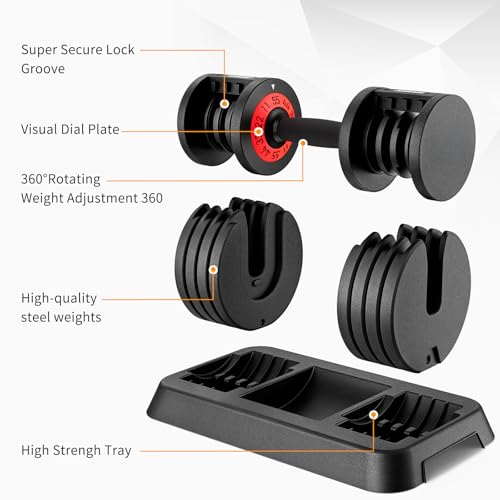 SKOK 25/55 lbs Pair Adjustable Dumbbells Set, Adjustable Weights Dumbbells Set for Men and Women with Anti-Slip Fast Adjust Weight by Turning Handle Dumbbell with Tray - color: 55lbs-Pair
