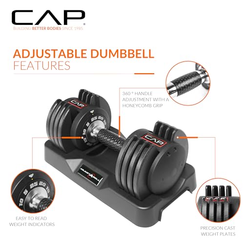 CAP ADJUSTABELL Adjustable Dumbbell Set, Premium Quick Select Adjustable Weights for Strength Training, Singles & Pairs, 12.5 LB, 25 LB & 55 LB, Round & Hex Dumbbells, Multiple Grip Handle Options - size: 25 lb - Honeycomb Black Handle, style: Pair