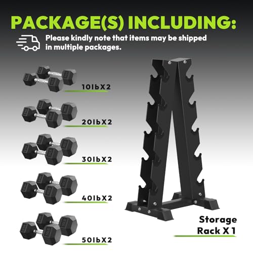 HANDBODE Rubber Coated Hex Dumbbell Set with A-Frame Rack, 100 lb - 600 lb Multiple Options Weight, Hexagon Non-Rolling Shape, Ergonomic Knurled Handle, Home Gym Equipment for Strength Training - style: 300 lb (10, 20, 30, 40, 50 lb) X 2 & Rack