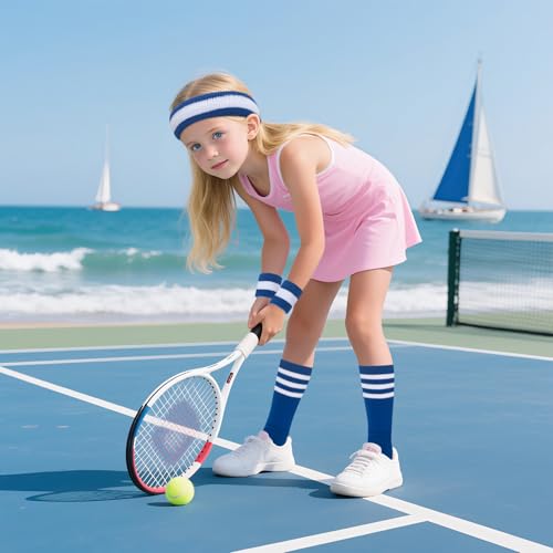 ONUPGO 5 Pieces Kids Sweatbands Soccer Socks Set - Sports Headband, Wristbands, Striped High Socks for Kids, Youth,Toddler & Baby - Football, Basketball, Running, Cycling, Tennis - color: Blue/White/Blue