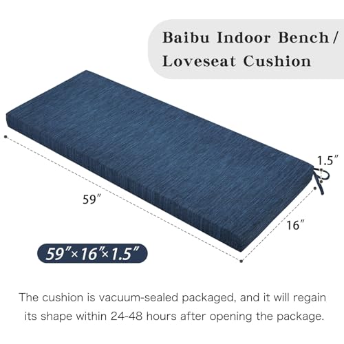 baibu 59 Inch Classic Solid Color Bench Cushion with Ties, Non-Slip Indoor Rectangle Bench Seat Cushion Standard Size Foam Pad with Machine Washable Cover (Dark Blue, 59x16x1.5Inch) - color: Dark Blue, size: 59x16x1.5 Inch (Pack of 1)