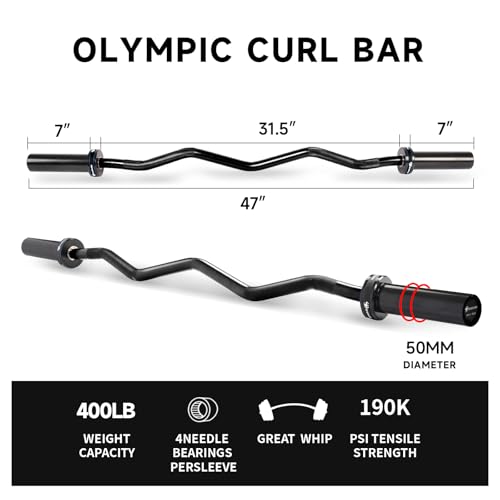 Olympic EZ Curl Barbell Bar, 400LBS Weight Capacity Olympic Curl Bar, 4ft Barbell Weight Bar with Knurled Grip for 2 Inch Weight Plates, Hip Thrusts,Squat,Biceps-Home Gym Weight Bar - color: Black