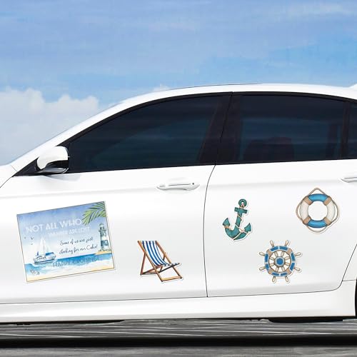 JAPBOR 5PCS Cruise Door Magnet, Sea Navigation Refrigerator Car Ship Magnetic Decal, Happy Cruising Magnets Door Decoration, Wheel Recliner Anchor Lifebuoy Fridge Stickers for Carnival Party