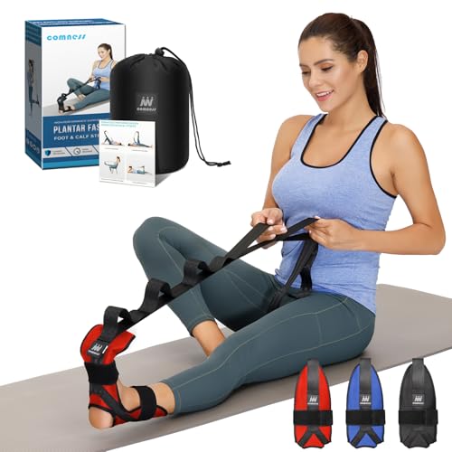 comness Foot and Calf Stretcher Stretching Strap For Plantar Fasciitis, Heel Spurs, Foot Drop, Achilles Tendonitis & Hamstring. Yoga & Leg Stretch Strap. (Red) - color: Red