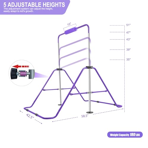 YEEGO DIRECT Gymnastics Bar for Girls Boys (A-G-E-S 3-10) with Rings, Folding Gymnastics Bars Horizontal Bar, Expandable for Home Training Gifts for Girls Boys - color: Purple