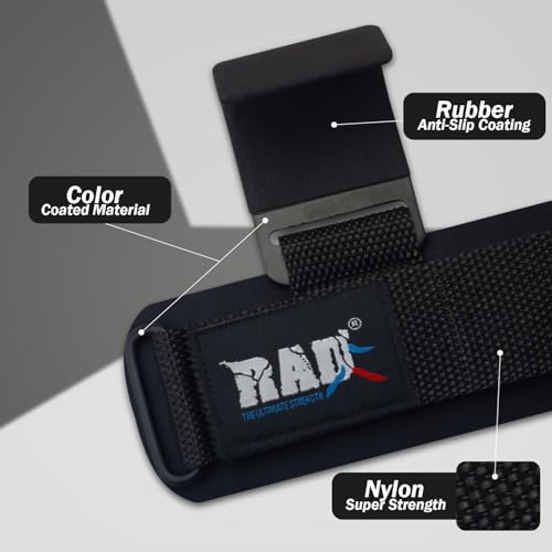 RAD Weight Lifting Hooks (Pair) Comfortable Anti-Rip Nylon Strap Extra Strong Hand Grips for Men & Women Powerlifting Heavy Duty Thick Wrist Padding Gym Workout Enhancer for Power Deadlift Pull Up - color: Black