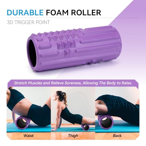 5 in 1 Foam Roller Set, High Density Patented Exercise Roller | Deep Tissue Massage Roller Stick, Massage Ball, Resistance Band for Pilates, Yoga, Whole Body Fitness Exercise, Purple - color: Purple