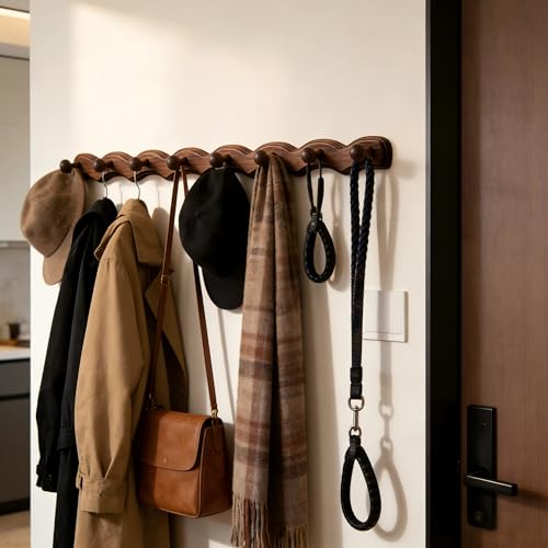 Wood Coat Rack Wall Mount -8 Pack Walnut Coat Hooks for Hanging Clothes,Keys, Robes,Purse,Towels,Bags,Backpack, Modern Decorative Wall hooks Heavy Duty Hanger Organizer for Bathroom,Entryway & Bedroom - size: 8 Hooks