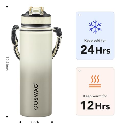 GOSWAG 24oz Insulated Stainless Steel Travel Water Bottle, 2 Lids | with straw and no straw, Paracord handle, Double-wall vacuum keeps drinks cold or hot, Leakproof tumbler - color: Beige-Gray Ombré