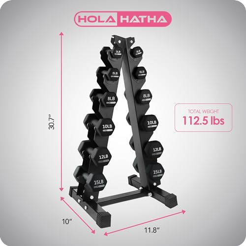 HolaHatha 1, 2 and 3 lb Neoprene Dumbbell Strength Training Weight Set with Rack - color: Black, size: 106 LB