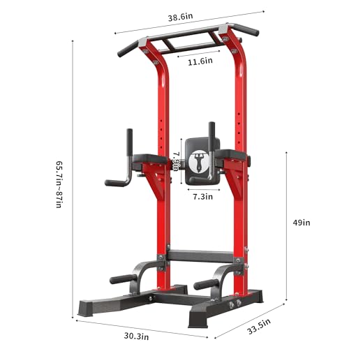 SogesHome Power Tower Pull Up Bar Dip Station for Home Gym 330LB Capacity | Adjustable Height 65.7"-87" Exercise Workout Machine with Comfort Pads & Anti-Slip Grips for Full Body Strength Training - color: Red