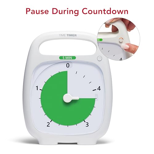 TIME TIMER PLUS 5 Minute Desk Visual Timer - Countdown Timer with Portable Handle for Classroom, Office, Homeschooling, Study Tool with Silent Operation (White) - size: 5-1/2 x 7 in, style: 5 Minutes