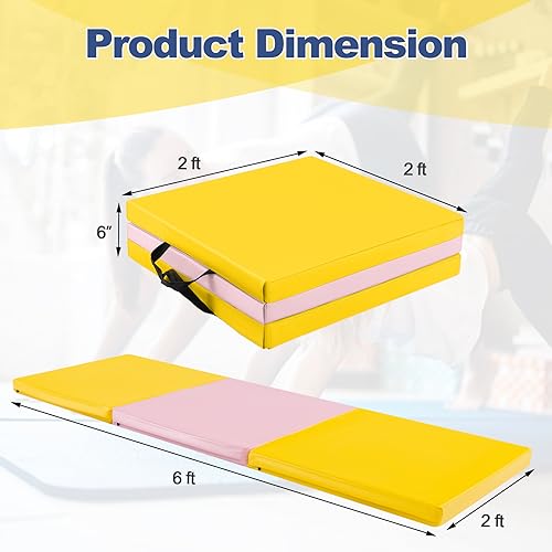 Goplus Folding Gymnastics Mat, 6’ x 2’ x 2’’ Thick Tri-Fold Exercise Tumbling Mat w/Carrying Handles, Hook & Loop Fastener, Gym mats for Home Fitness Yoga Aerobics Workouts Martial Arts - color: Yellow + Pink