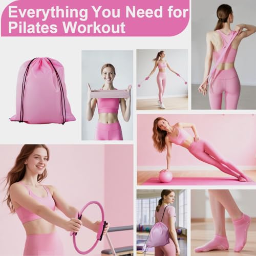Home Pilates Kit for Women, Workout Set with 12.9" Ring, 9.8" Mini Ball, 4 Fabric Bands, Figure-8 Band, Stretch Band, D-Ring Strap, Cordless Jump Rope, Socks, Carry Bag - color: Pink