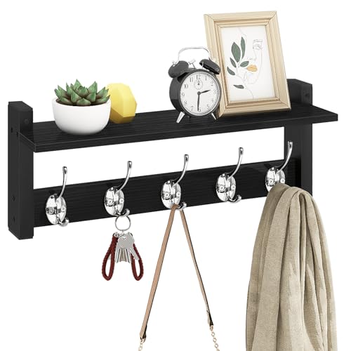 Homode Wall Coat Rack With Shelf, Wood Entryway Hanger With Hooks, Small Floating Pegs for Hanging Coats, Hats, Purses, Backpacks, Black - color: Black, size: 17.1 Inch Long