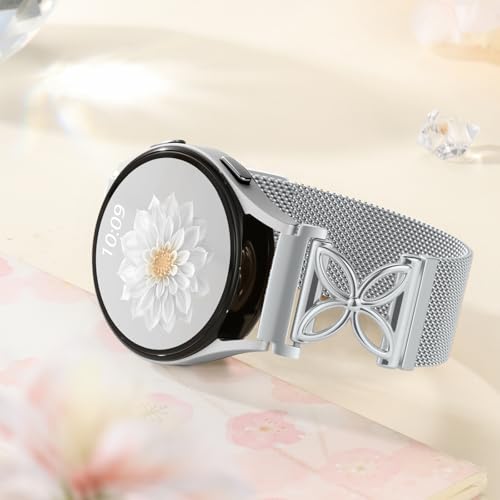 Getino Magnetic Metal Band Compatible with Galaxy Watch 7 Band 6 5 4 FE Active 2 40mm 44mm/Galaxy Watch 5 pro 45mm/Classic, 20mm Floral Dressy Strap for Samsung Watch Bands Women Milanese Mesh Loop - color: Silver