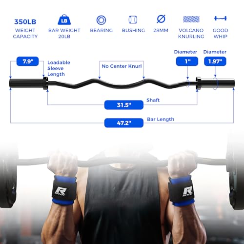 RitFit 2 Inch EZ Curl Bar with Weights, 350LBS Capacity Olympic Barbell for Bicep & Triceps, Home Gym Strength Training - style: Black(with 155LB Weights,Collar and wrist)