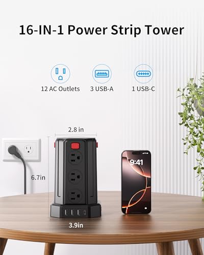 Power Strip Surge Protector, 10 Ft Extension Cord with 12 AC Multiple Outlets 4 USB (1 USB C), SMALLRT Power Tower Desktop Charging Station - color: Black, size: 10 ft PD20W