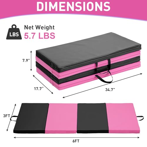 Gymnastics Mat, 3'x6'/4'x6' Thick Folding Kids' Gymnastic Tumbling Mat with Carrying Handles for Home Gym Exercise & Play - color: 3x6FT-Pink&Black