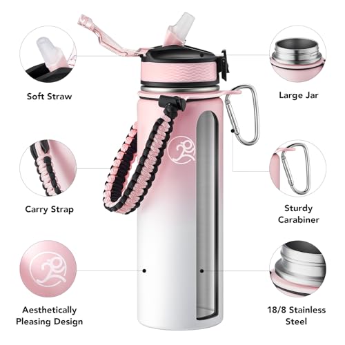 GOSWAG 24oz Insulated Stainless Steel Travel Water Bottle, 2 Lids | with straw and no straw, Paracord handle, Double-wall vacuum keeps drinks cold or hot, Leakproof tumbler - color: Pink-White Ombré