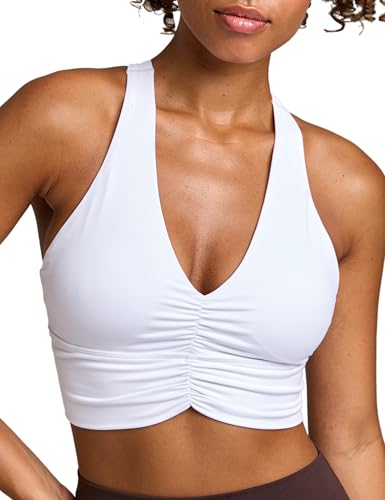 Women's Serene Scrunch Longline Sports Bra V Neck Padded Yoga Tank Wide Straps Cross Back Crop Tops - color: White, size: Medium