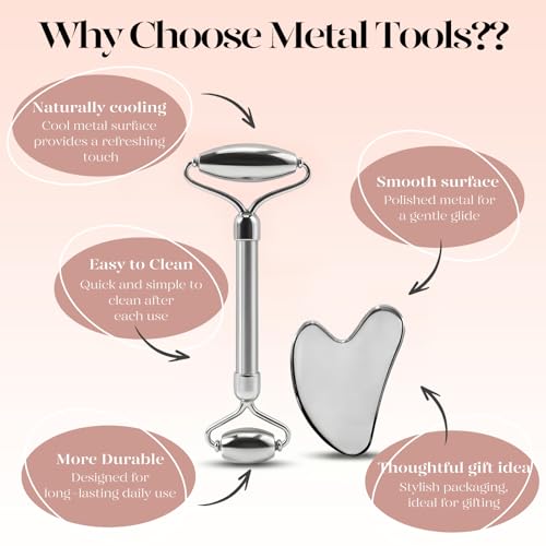 BAIMEI Stainless Steel Gua Sha & Face Roller Set, Facial Massage Tool for Face, Neck and Body, Cooling Metal Skin Care Tools for Depuffing Routine, Self Care Gift for Women - color: Grey