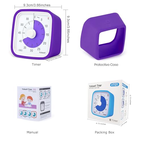 Yunbaoit Visual Timer, Silent 60-min Countdown Timer for Kids, Purple | Protective Case, Time Management Tool, Mute and Ringing Alarm Available, Low Power Reminder, for Study,Game,Work,Fitness etc - color: Purple
