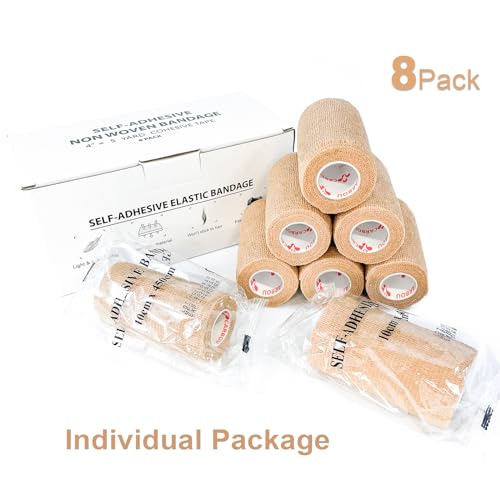 [8 Pack 4" x 5 Yards] Beige-Self Adhesive Cohesive Bandage Wrap, Self Adherant Non-Woven Wrap Rolls, Atheletic Tape for Wrist, Ankle, Hand, Leg, Premium-Grade Medical Stretch Wrap - color: Beige, size: 8 Count (Pack of 1)