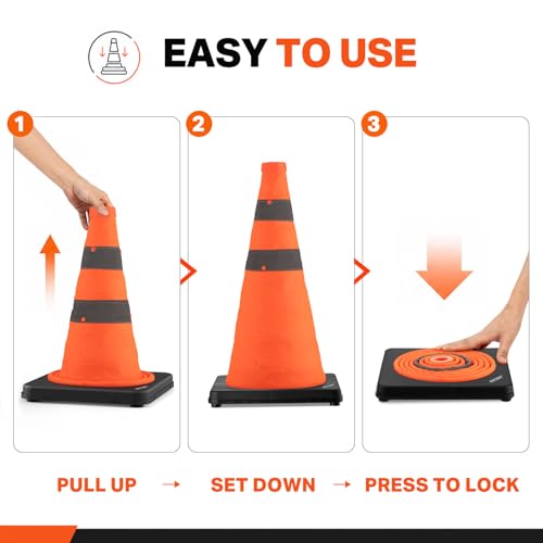 BATTIFE 18 inch Collapsible Traffic Safety Cones Orange Plastic Base 4 Pack | Collapsible folds flat, reflective strips, sturdy PVC, lightweight,ideal for parking, driving, construction, emergencies - size: 18inch