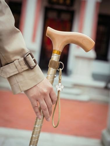 Asterom Canes for Women - Foldable, Adjustable, Collapsible - Fashionable Walking Cane for Women, Wooden Handle - color: Gold