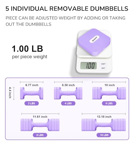 5-in-1 Adjustable Dumbbell Set for Women Men 10 lb Each | Dumbbells Set of 2, Free Weight Set at Home Gym, Locking/TPU Soft Handle for Exercise & Muscle Toning Weight Loss - color: Purple