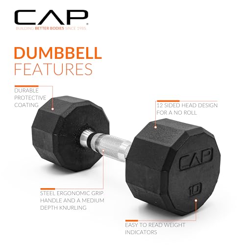 CAP Rubber Coated Dumbbell Weights, Free Weights for Home Gym Strength Training, Anti-Roll Hex Dumbbells with Black, Chrome & Comfort Grip Handles, Singles - size: 10 lb, style: 12-Sided - Chrome Handle