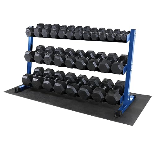 WF Athletic Supply Rubber Coated Hex Dumbbell Set, Multiple Choices Available - Dumbbells with Rack Stand and Mat, or Dumbbells Only (200/550/1200/2100/3000 LB) - color: g. 5 - 75LB w/ 3-tier BLUE Rack and Mat