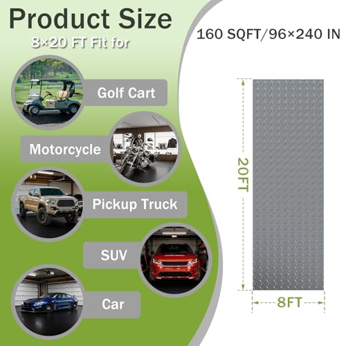 8x20 FT Garage Floor Mat, 2.8mm Thickened Flooring Roll for Under Car Diamond Plate PVC Rubber Mat with 20 Pcs Tapes, Non-Slip Floor Mat for Garage, Warehouse, Gyms, Trailer,Grey - color: Gray, size: 8x20 FT