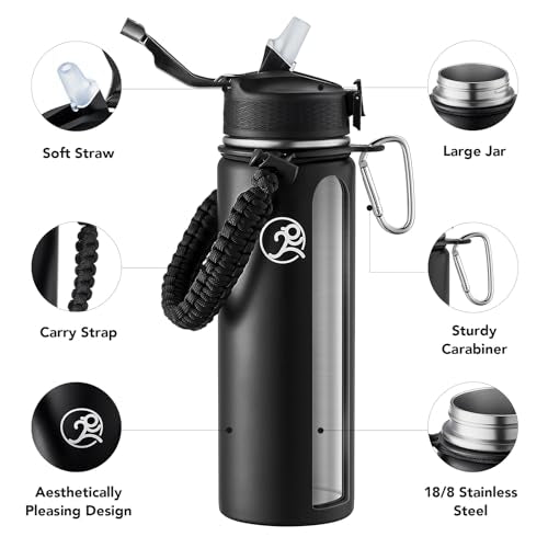 GOSWAG 24oz Insulated Stainless Steel Travel Water Bottle, 2 Lids | with straw and no straw, Paracord handle, Double-wall vacuum keeps drinks cold or hot, Leakproof tumbler - color: Matte Black