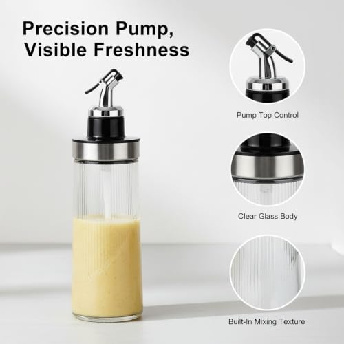 Salad Dressing Shaker Bottle, Ribbed Glass Dressing Bottle for Kitchen Table, Glass Oil Dispenser, Syrup Dispenser, Soy Sauce Dispenser and Condiment Bottle for Meal Prep, Dining and Coffee Bar