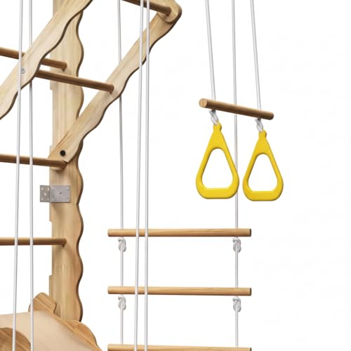 Indoor Wooden Climbing Wall Set, Natural Pine Material, 78.7x23.6 Inch Wall-Mounted Kids Gym with Slide, Rings and Rope Ladder, Weight Capacity 100 Pounds