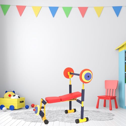 Redmon Fun & Fitness for Kids Adjustable Weight Bench Press Set w/ Barbell & Foam Weights | Barbell & Foam Weights