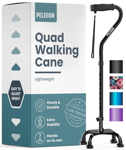 PELEGON Quad Cane (300 lb) - Adjustable Walking Cane with A Large 4 Pronged Base for Extra Balance & Stability, Walking Canes for Seniors, Walking Cane for Men & Women, Walking Sticks - color: Black