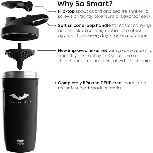 Smartshake DC Comic Bundle - Batman Protein Shaker Bottle – 900ml Leakproof Stainless Steel Water Shaker with 50g Protein Powder Storage Funnel