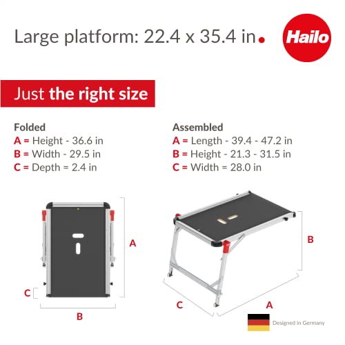 Hailo TP1 Staircase Platform - Length and Height-Adjustable Telescopic Rails and feet - Integrated Bubble Level - Two-Hand Safety Unlocking Mechanism - for use with Step stools & stepladders - style: TP1 (staircase)