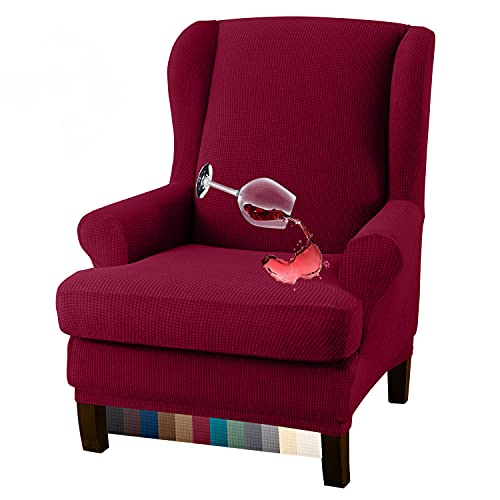 Granbest Premium Water Repellent Wingback Chair Cover 2-Piece High Stretch Jacquard Fabric Wing Back Chair Slipcovers (Wing Chair Cover, Wine Red) - color: Wine Red