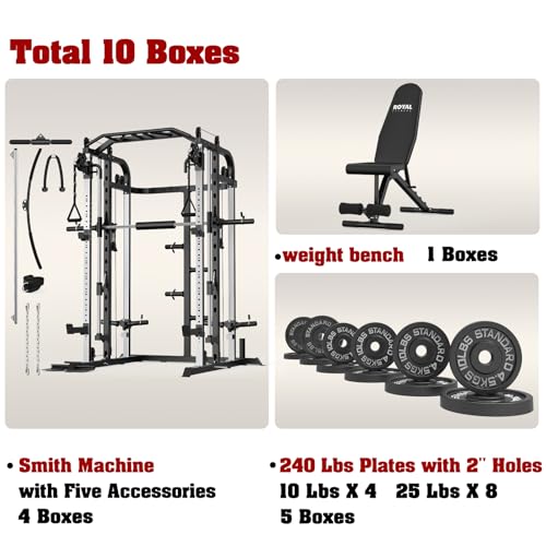 Smith Machine, Multifunctional Power Cage Rack with Smith Bar and Cable Pulley System, and LAT Pull Down Machine for Home Gym… - style: Power Cage with 240 Lbs Plates and Bench