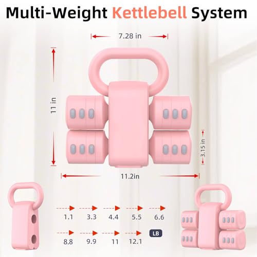 2-in-1 Adjustable Dumbbell Set, 4-Level Weights for Women | Convertible Dumbbell & Kettlebell, Adjustable 2.2-5.5lb Each, Quick-Change Button, Compact for Home Gym, Office & Outdoor - color: Pink
