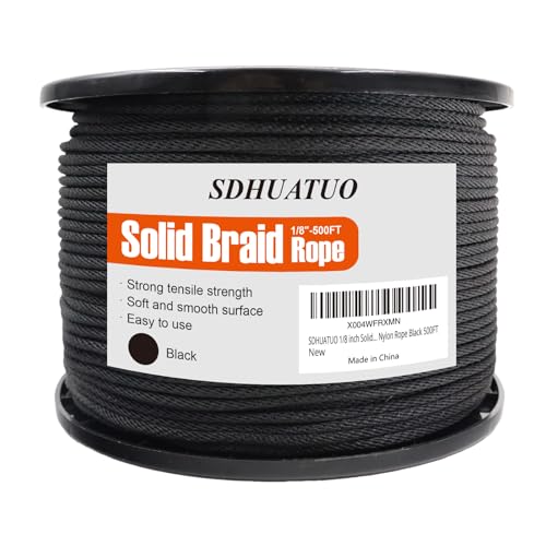 SDHUATUO 1/8 Inch Nylon Solid Braided Rope, 500FT Polyester Cord Black | 260 lbs, UV Resistant & Wearproof, Soft Flexible Rope for Binding, Flower Baskets and Other Handicrafts, Gardening - color: Black, size: 1/8''-500ft