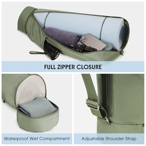 sportsnew Yoga Mat Bag, Full Zip Cargo Yoga Mat Carrier Bag with Drawstring Water Bottle Pocket and Bottom Wet Pocket, Exercise Yoga Mat Carrier Holder Multi-Functional Storage Bag Patent Pending - color: Army Green, size: Medium pocket