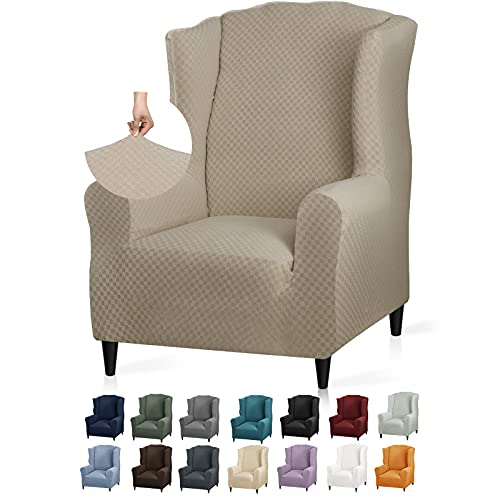 YEMYHOM 1 Piece Stretch Wingback Chair Slipcover Latest Jacquard Design Wing Chair Cover Non Slip Furniture Protector with Foam Rods for Living Room (Wing Chair, Khaki) - color: Khaki, size: 1 Pack - Wing Chair