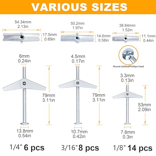 KURUI Heavy Duty Hollow Drywall Anchors for Sheetrock Ceiling, Toggle Bolts and Wing Nut Kit, 28Pcs Metal Dry Wall Anchors and Screws Assortment Set, Butterfly Anchor for Hanging 1/8, 3/16, 1/4 - style: 28 Pack